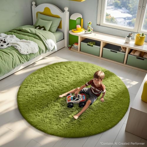 Ophanie Round Rug 6Ft Green Circle Area Rug, Green Room Decor, Fluffy Fuzzy Bedroom Carpet, Plush Soft Shaggy Living Room Rugs for Kids Home Decor Aesthetic, Nursery - Image 3