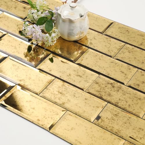 Diflart Peel and Stick Mirror Tile, Light Antique with Gold, 3x6 Inch, Beveled Mirror Backsplash for Kitchen Bar Bathroom Wall Tiles (5 Sq.ft, 40 Pcs) by Diflart