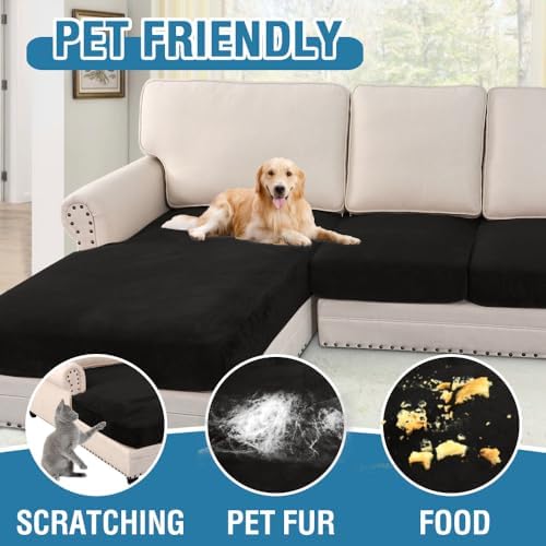 H.VERSAILTEX Velvet Stretch Sectional Couch Covers 4 Pieces Sofa Seat Cushion Covers L Shape Separate Cushion Couch Chaise Cover for Both Left/Right Couch (Large Sofa 3 Seater + 1 Chaise, Black) - Image 3