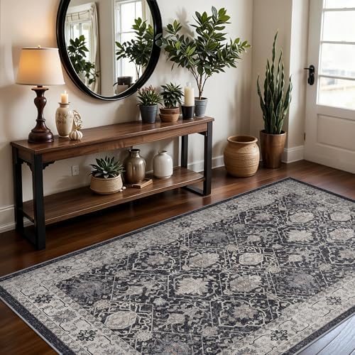 4x6 Living Room Area Rugs: Washable Non-Slip Boho Decorative Rugs for Bedroom Nursery Low Pile Neutral Small Carpet for Kitchen Dining Room Non-Shedding Floor Mat for Kids Room Office (4x6，Black) - Image 2