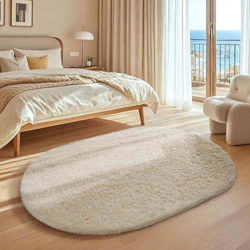 Ophanie 4x6 Oval Ivory Rugs for Bedroom Living Room Washable,Fluffy Fuzzy Furry Carpet,Plush Soft Shaggy Indoor Floor Area Rug for Kids Girls Boys Baby Teen Dorm Decor with Over 99 pcs Pile fibers - Image 3