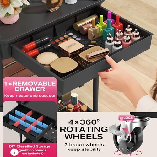Goovilla Rolling Makeup Organizer Cart with Removable Drawer, 3 Tier Black - Image 3