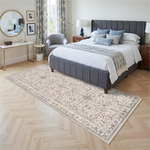 3x8 Hallway Runner Rug Washable Non-Slip – Boho Floral Soft Wide Carpet Runner for Kitchen Entryway Bathroom Bedroom – Low-Pile Thin Floor Mat with Rubber Backing (Beige,3x8) - Image 4