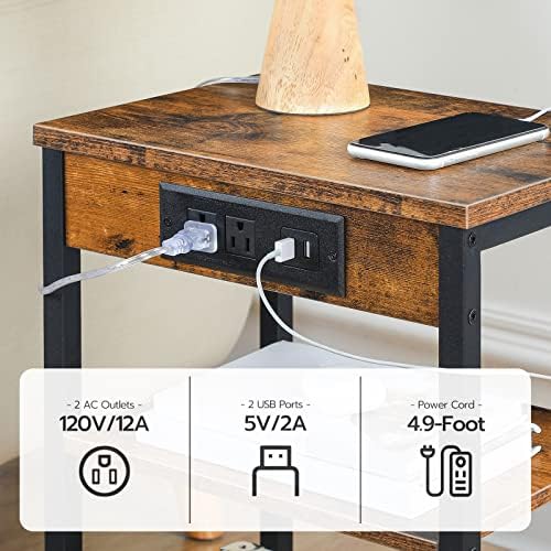 HOOBRO Side Tables Set of 2 with Charging Station and USB Port, Small End Tables for Small Space, 3-Tier Nightstands with Adjustable Shelf, for Living Room, Bedroom, Rustic Brown BF112BZP201 - Image 5