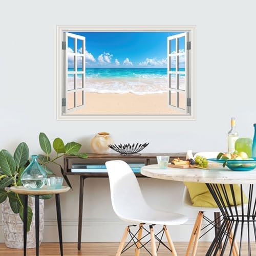 Fake Window Wall Decal- Summer Beach Ocean Landscape Open Wall Art Sticker | Faux Window Seascape Natural Scenery Landscape Mural｜ Stick and Peel Decals｜Room Bedroom Office Decor｜48"x32",Set of 2 Sheets - Image 5