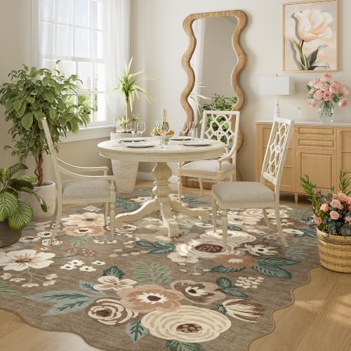 DUKINO 5x7 Area Rugs for Bedroom, Floral Washable Rug Non Slip, Light Taupe - Image 5