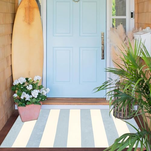 Blue White Striped Outdoor Rug - 28" x 43" Front Door Mat Indoor Outside Entrance Non-Slip Washable Summer Welcome Mat for Front Door Coastal Rug for Entryway Kitchen Bedroom Porch Decor - Image 6
