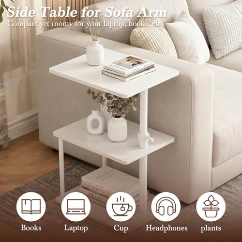 Faesun 360° Swivel Side Table for Height Adjustable, C Shaped End Table for Couch with Storage, 3-Tier Night Stand with Open Shelf, Tv Tray for Small Spaces, Living Room, Bedroom, White - Image 5