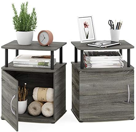 Furinno Jaya 2-Tier Side Table Set of 2, with Door Cabinet, French Oak by Furinno-FitsYourSpaceFitsYourBudget