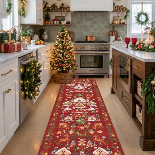 Christmas 2x8 Hallways Runner Rug - Red Santa Claus Kitchen Rugs Non-Slip Washable Entryway Bathroom Rugs Winter Soft Low Pile Floor Carpet for Hallway Bedroom for （2x8，Red） by HYHAOYUNLAI
