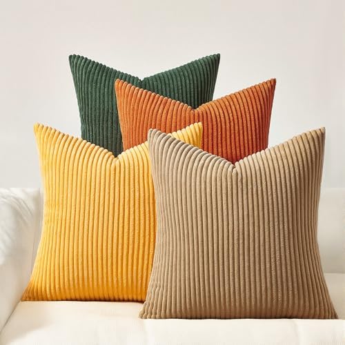 Topfinel Boho Farmhouse Green Rust Striped Pillow Covers 24x24 Set of 4 Mordern Nordic Soft Corduroy Cushion Covers Fall Home Decor for Couch Bed Sofa Living Room Forest Green by Topfinel