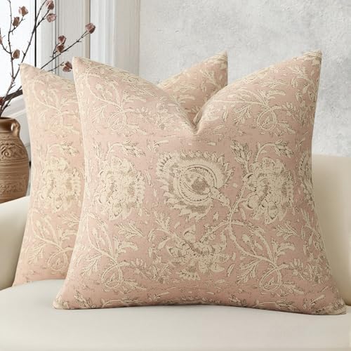 Vintage Floral Print Throw Pillow Covers 20x20 Set of 2 Neutral Modern Farmhouse Pillowcases Accent Decorative Cushion Covers Boho Home Decor for Couch Sofa Chair Bed Living Room, Champagne Pink by DKwizme
