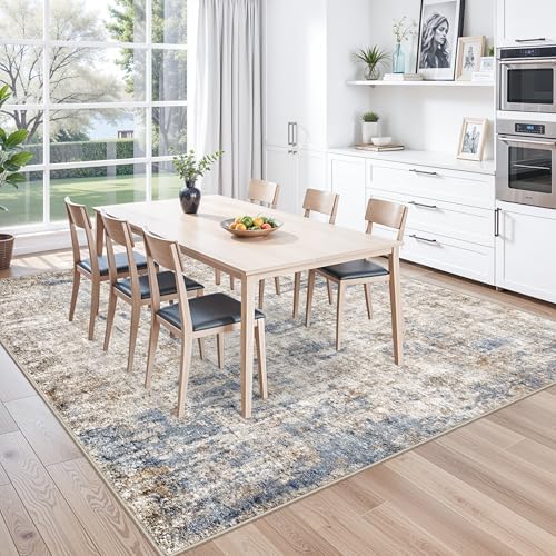 10x10 ft Square Living Room Rug – Washable Modern Abstract Area Rug for Bedroom, Dining Room, Playroom – Neutral Non-Slip Low-Pile Thin Indoor Carpet（Blue Brown） - Image 4