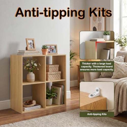 WannabeMyself【Sturdy Build&Easy Assembly】4 Cube Storage Organizer with Anti-Tipping Kits,Reversible Open Back Book Shelf, Bookcase for Living Room,Bedroom,Entrance Hall,Office,24.1×11.4×24.1,Oak Color - Image 4
