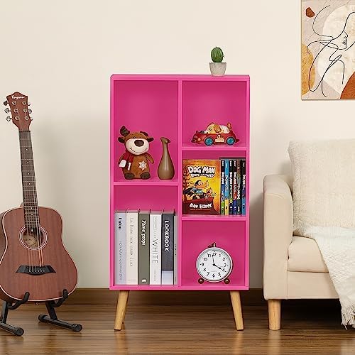 LEYAOYAO 5 Cube Bookshelf, Mid-Century Modern Book Shelf with Legs, Pink - Image 4