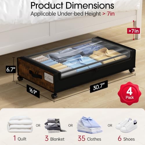 Yecaye Under Bed Storage with Wheels, 4 Pack Under Bed Storage Containers, Underbed Shoe Storage Organizer, Rolling Under Bed Metal Drawers for Clothes, Blankets, Brown - Image 2