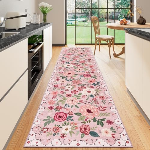 DUKINO 2.6x10 Runner Rug for Hallway, Washable Kitchen Rugs Non Slip, Pink by DUKINO