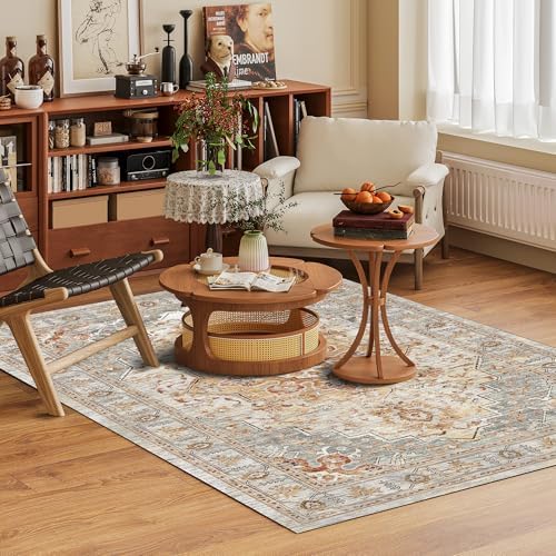 Washable Area Rug 6' x 9' Vintage Traditional Persian Mat - Foldable Distressed Non-Slip Machine Washable Carpet for Living Room Bedroom Kitchen Home Decor - Dove Gray and Coral - Image 2