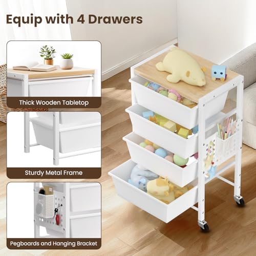 Rolling Cart with 4 Drawers, Plastic Drawer Storage Carts with Wheels & Wooden Tabletop, Metal Utility Cart with Pegboards, Office Living Room Classroom Craft Organization and Storage, Bright White - Image 5