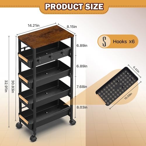 SUNALLY Slim Storage Cart with Wheels, Narrow Kitchen Rolling Cart, Black - Image 3