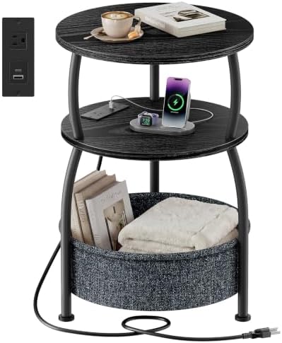 Round Side Table with Charging Station, USB Type C Port, Black by designyourhome