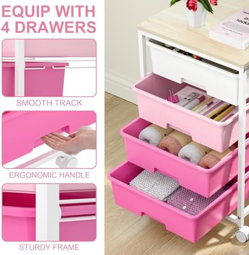 SYKIARIOL Rolling Cart with Drawers, 4-Drawer Utility Cart, Pink - Image 4