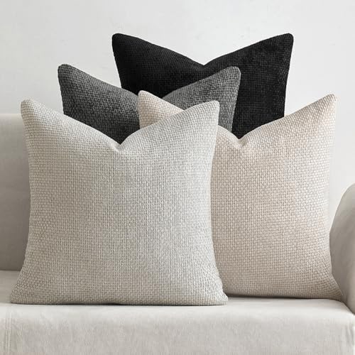 MIULEE Soft Decorative Chenille Pillow Covers Cream Grey 18x18 Pack of 4 by MIULEE