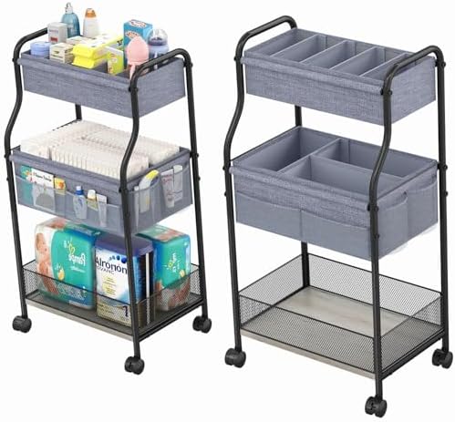 3-Tier Baby Diaper Caddy Organizer and Storage Cart, Mobile Metal Utility Cart with Rolling Wheels for Nursery Essentials with 4+2 Dividers, Large Capacity Rolling Cart For Bedroom, Bathroom, Nursery by Cidaziya