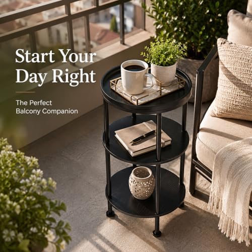 Small Round Side Table with Tray Top, 11.8" Narrow End Table, Black - Image 6