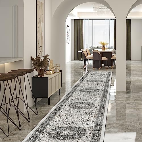 Hallway Washable Runner Rug - 2'6x14 Kitchen Rugs Entryway Rug Runner Vintage Soft Floor Mat Non Slip Indoor Farmhouse Carpet for Bathroom Living Room Bedroom (2'6''x14', Grey) by HYHAOYUNLAI