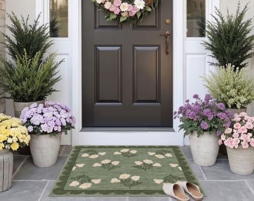 3x3 Square Entryway Rug - Non-Slip Washable Front Door Mat Indoor Outside Entrance Small Porch Rug Sage Green Cottage Scalloped Throw Rugs for Entryway Kitchen Bedroom Office Front Porch Decor - Image 7