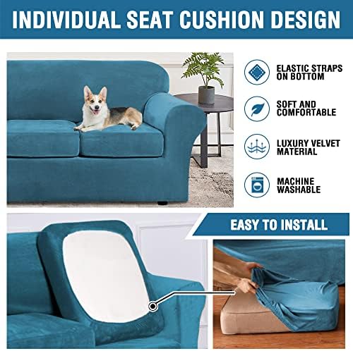 H.VERSAILTEX Velvet 4 Piece High Stretch Sofa Slipcover Cover Furniture Protector Form Fit Thick Velvet Extra Large Sofa Cover for 3 Cushion Couch Width Up to 105 Inch (XL Sofa, Peacock Blue) - Image 6
