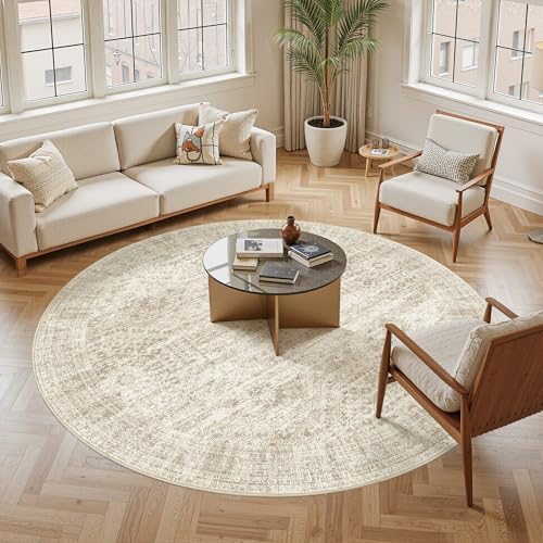 Soalmost Round Rugs 8ft Living Room Circle Area Rug 8x8 Beige Vintage - Image 2