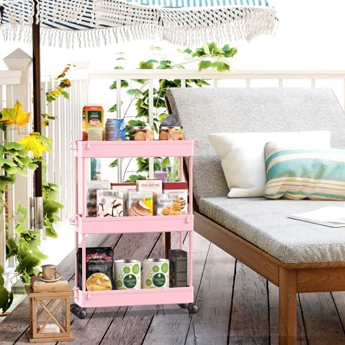 SPACEKEEPER Slim Rolling Storage Cart, 3 Tier Bathroom Cart Organizer, Pink - Image 7