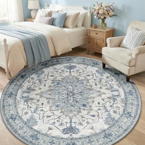 RELEANY Washable Area Rug, Round 6ft, Blue/White/Gray - Image 3