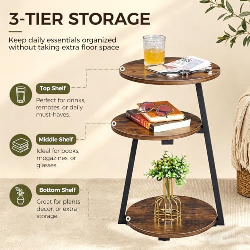 BEWISHOME Small Round Side Table, 3-Tier End Table with Storage Shelves - Image 4