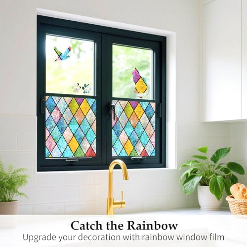 WPCTEV Stained Glass Rainbow Window Privacy Film, Rhombus 29.5In x 6.5Ft - Image 3