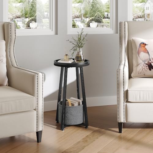 HOOBRO Small Round Side Table, 2-Tier Round Sofa End Table, Compact Nightstand with Fabric Storage Basket, for Small Space, Living Room, Bedroom, Dorm, Black BB183BZ01 - Image 2