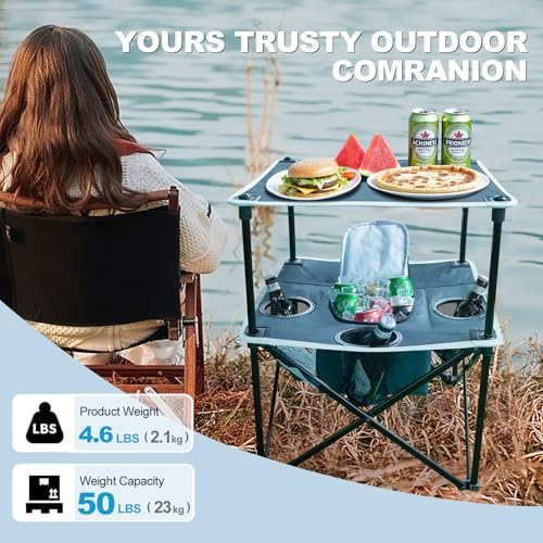 Folding Beach Table, Camping Table for Sand with Insulated Cooler Storage & 4 Cup Holders, Portable Pop Up Picnic Table, Lightweight Side Table for Outdoor - Image 3