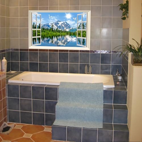 Fake Window Wall Decal- Summer Mountains Lake Open Wall Art Poster Sticker | Faux Window Blue Sky and White Clouds Natural Landscape Mural｜ Stick and Peel Decals｜for Room Decor｜48"x32",Set of 2 Sheets - Image 5