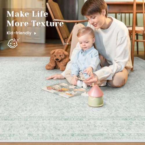 9x12 Area Rugs for Living Room: Washable Large Vintage Floral Rug Low Pile Non-Slip Boho Carpet for Bedroom Home Office Dining Room (Green, 9'x12') - Image 5