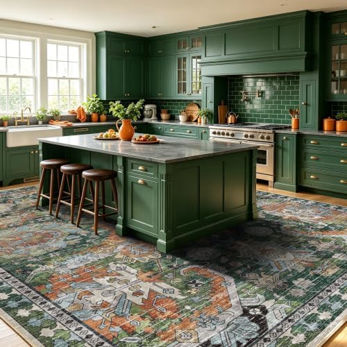 RUGSURE Washable Area Rugs - Perfect for Living Room, Bedroom, Kids Room, Nursery - Stain & Water Resistant Non-Slip, Pet & Child Friendly, Vintage Tribal Area Rugs (Green, 9' x 12') - Image 4