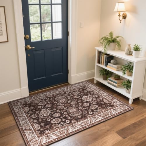 Hanples 2x3 Washable Rugs for Entryway, Vintage Floral Door Mat, Rust by Hanples