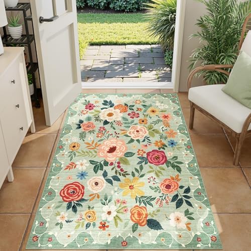 DUKINO 3x4 Area Rug, Floral Washable Rug for Kitchen Non Slip, Green - Image 4