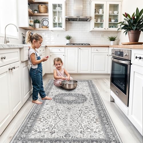 Hallway 4x8 Washable Runner Rug: Oriental Stain Resistant Entryway Kitchen Rug Farmhouse Soft Carpet for Bathroom Bedroom Thin Laundry Room Floor Mat with Non Slip Backing for Pets Family(4x8,Grey) by HYHAOYUNLAI