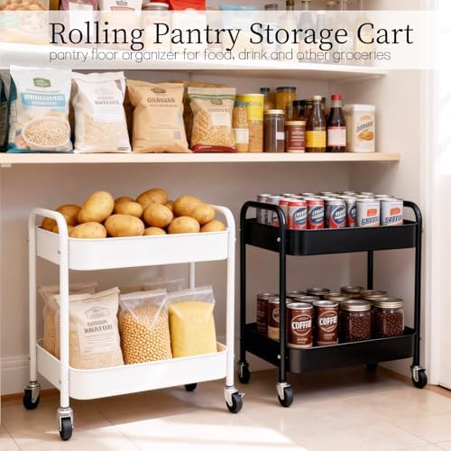 Under Desk Storage Cart 2 Tier Utility Rolling Cart with Wheels, Small Metal Mobile Trolley with Handle Two Tiered Utility Organizer Roller for Kitchen Office Bathroom Pantry Room, White - Image 3