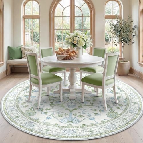 RELEANY Washable Area Rug, Round 7ft, Green/White/Blue by RELEANY