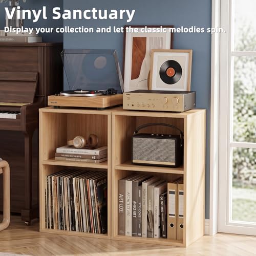 YAHARBO 2 Cube Bookshelf, Natural Record Player Stand with Vinyl Storage Up to 100 Albums, Horizontal Book Shelf, Small Cubby Bookcase with Storage Organizer, Turntable Stand for Living Room, Bedroom - Image 4