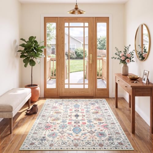 Hanples 3x5 Washable Rugs for Entryway, Vintage Floral Door Mat, Beige by Hanples