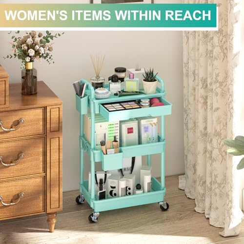 Goovilla 3 Tier Rolling Utility Cart Organizer with Removable Drawer, Blue - Image 5